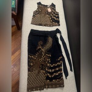 (NWT) Elegant Black and Brown handpainted Batik Top & Skirt Sarong style